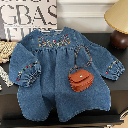 Girls Floral Embroidered Denim Dress