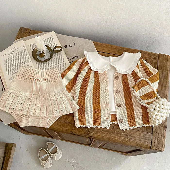 Baby Striped Knit Cardigan & Bloomer 2PCS Set