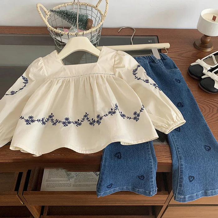 Autumn Girls Embroidered Blouse & Heart Jeans Set