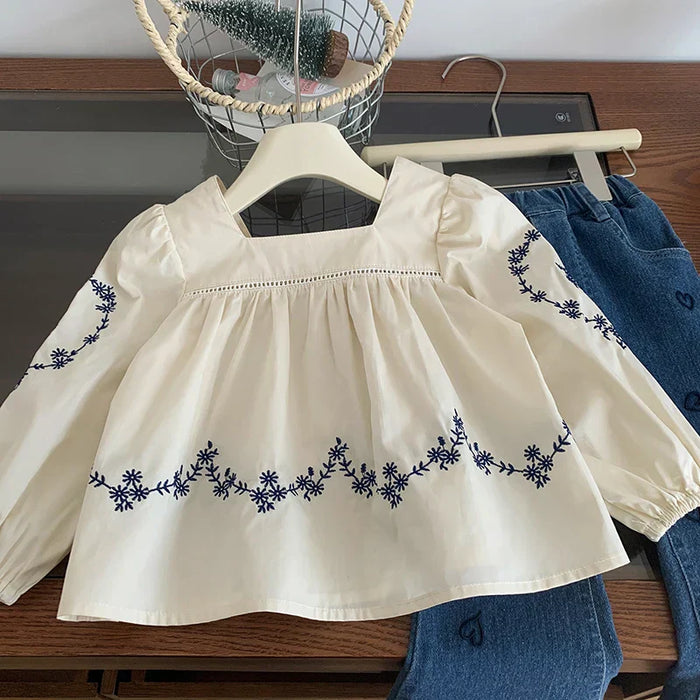 Autumn Girls Embroidered Blouse & Heart Jeans Set